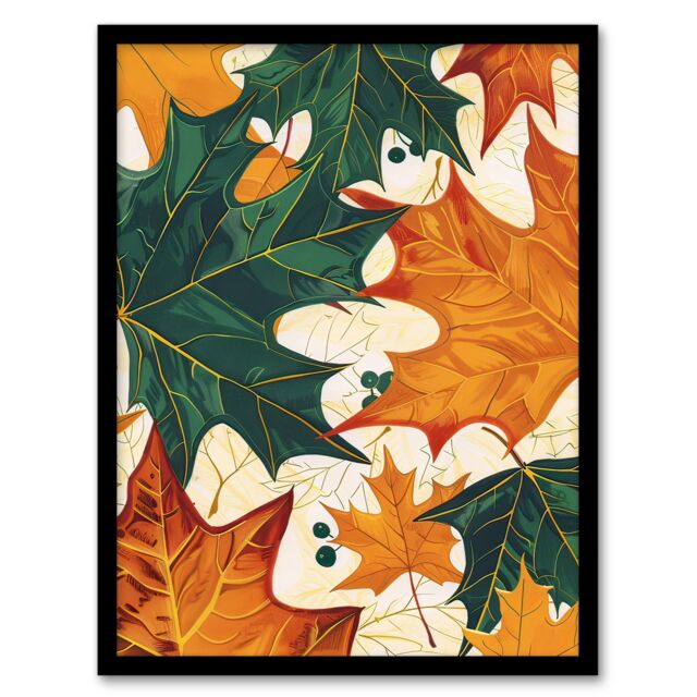 Artery8 Plant Lover Green Amber Maple Leaf Pattern Framed Art Print in Orange - Size: A4 - image 1