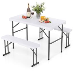 Gymax Folding Picnic Table & Bench Set Rectangular Patio Dining Table Set in White