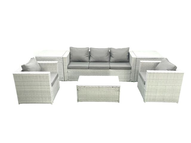 Fimous Rattan Garden Furniture Set with 3 Seater Sofa 2 Chair Rectangular Coffee Table 2 Side Tables Light Grey Mixed 5 Seater - image 1