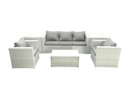 Fimous Rattan Garden Furniture Set with 3 Seater Sofa 2 Chair Rectangular Coffee Table 2 Side Tables Light Grey Mixed 5 Seater - thumbnail 1