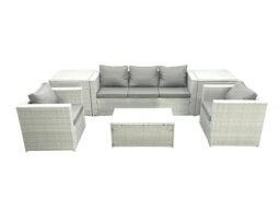 Fimous Rattan Garden Furniture Set with 3 Seater Sofa 2 Chair Rectangular Coffee Table 2 Side Tables Light Grey Mixed 5 Seater - thumbnail 2