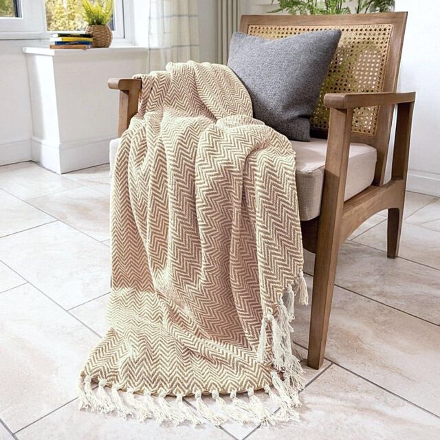 Allure Bath Fashions Chevron Herringbone Sofa Throw Blanket - 100% Cotton in Beige - Size: 150 cm x 200 cm - image 1