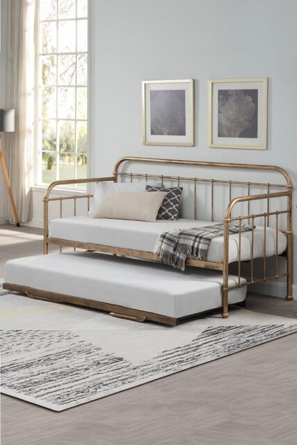 SlumberWorx Ickleford Industrial Living Room Bedroom Metal Day Bed Frame w Trundle in Bronze - Size: Single - image 1