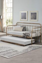 SlumberWorx Ickleford Industrial Living Room Bedroom Metal Day Bed Frame w Trundle in Bronze - Size: Single