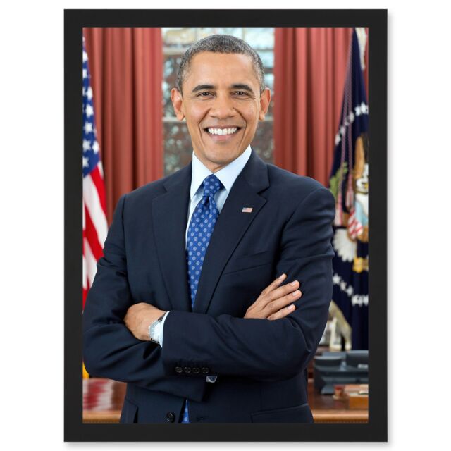 Artery8 Us President Barack Obama Photo Souza Portrait A4 Artwork Framed Wall Art Print in Black - image 1
