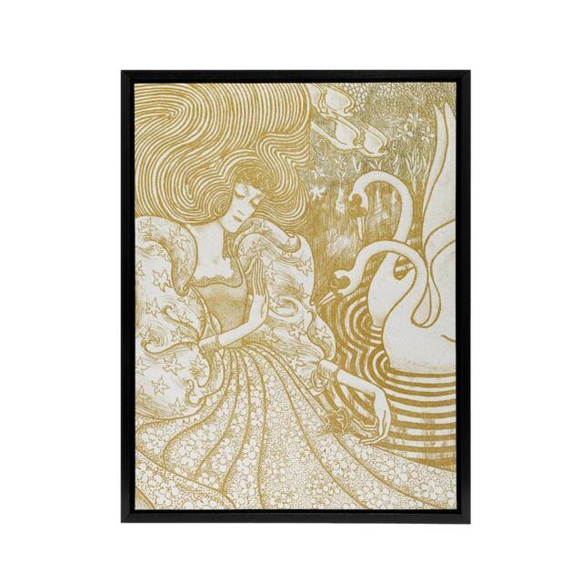 "Artery8 Woman With Butterfly Pond Two Swans Framed Canvas Wall Art Print Toorop in Brown - Size: W12"" x H16""" - image 1