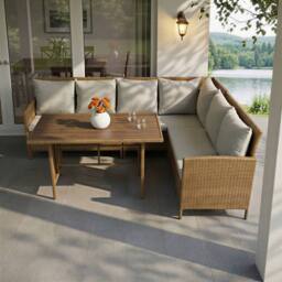 Home Garden Direct Alia Rattan Corner 6 Seater Dining Sofa Set with Polywood Table Top - Brown Rattan Garden Set - thumbnail 2