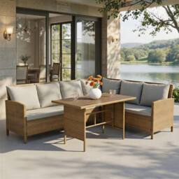 Home Garden Direct Alia Rattan Corner 6 Seater Dining Sofa Set with Polywood Table Top - Brown Rattan Garden Set