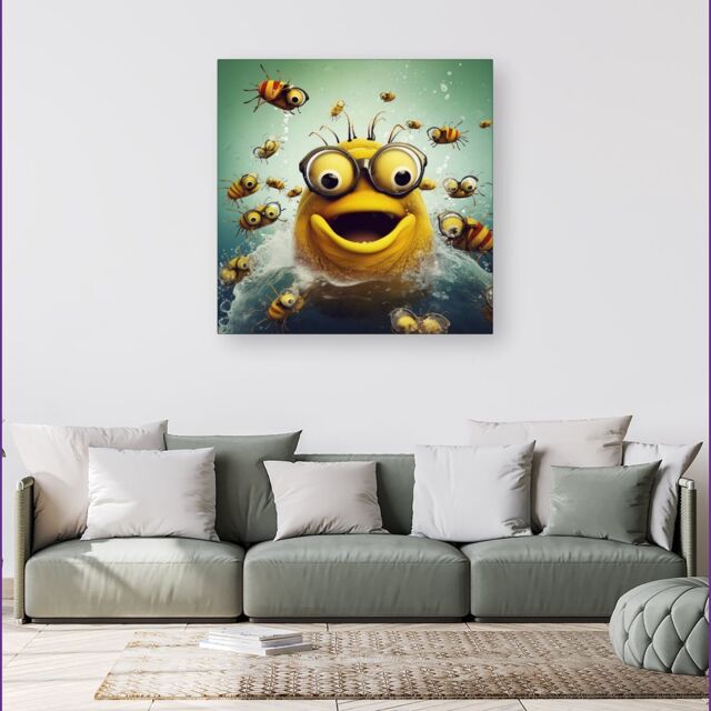 Warren Reed - Designer Happy Worm & Bees Splashart Canvas in Yellow - Size: w40 inch x h40 inch - image 1