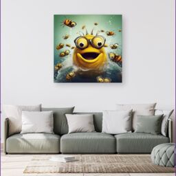 Warren Reed - Designer Happy Worm & Bees Splashart Canvas in Yellow - Size: w40 inch x h40 inch - thumbnail 1