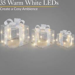 Christow Light Up Christmas Presents LED Parcels Battery Operated with Timer Set of 3 in Silver - thumbnail 3