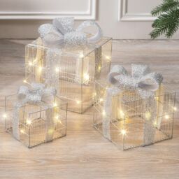 Christow Light Up Christmas Presents LED Parcels Battery Operated with Timer Set of 3 in Silver