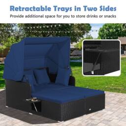 Costway Daybed with Retractable Canopy PE Rattan Wicker Sunbed for 2 Persons in Blue - thumbnail 8