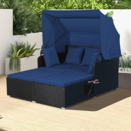 Costway Daybed with Retractable Canopy PE Rattan Wicker Sunbed for 2 Persons in Blue - thumbnail 3