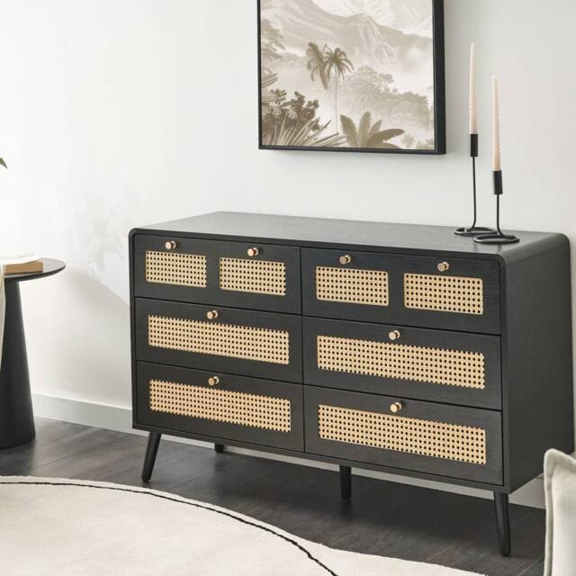 Wyld and Coco Boho Chest of Drawers Black MDF Six Drawers with Rattan Fronts - image 1