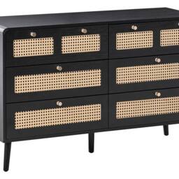 Wyld and Coco Boho Chest of Drawers Black MDF Six Drawers with Rattan Fronts - thumbnail 2