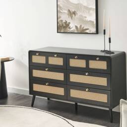Wyld and Coco Boho Chest of Drawers Black MDF Six Drawers with Rattan Fronts - thumbnail 1