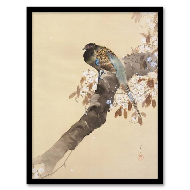 Artery8 Pheasant On Cherry Blossom Branch Japanese Framed Wall Art Print Koson in Beige - Size: A4 - image 1