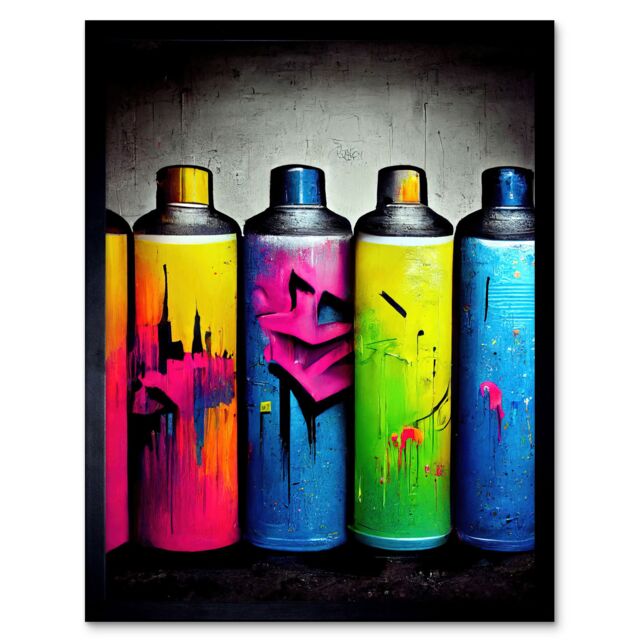 "Artery8 Wall Art Print Colour Spray Paint Graffiti Cans Street Art Framed in Black - Size: W12"" x H16""" - image 1