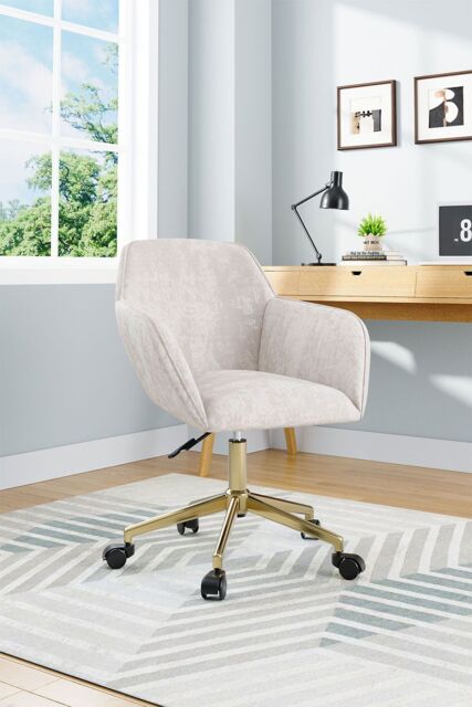 H&O Direct Velvet-Upholstered Swivel Office Chair with Gold Base in Beige - image 1