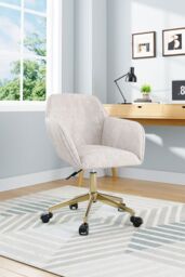 H&O Direct Velvet-Upholstered Swivel Office Chair with Gold Base in Beige