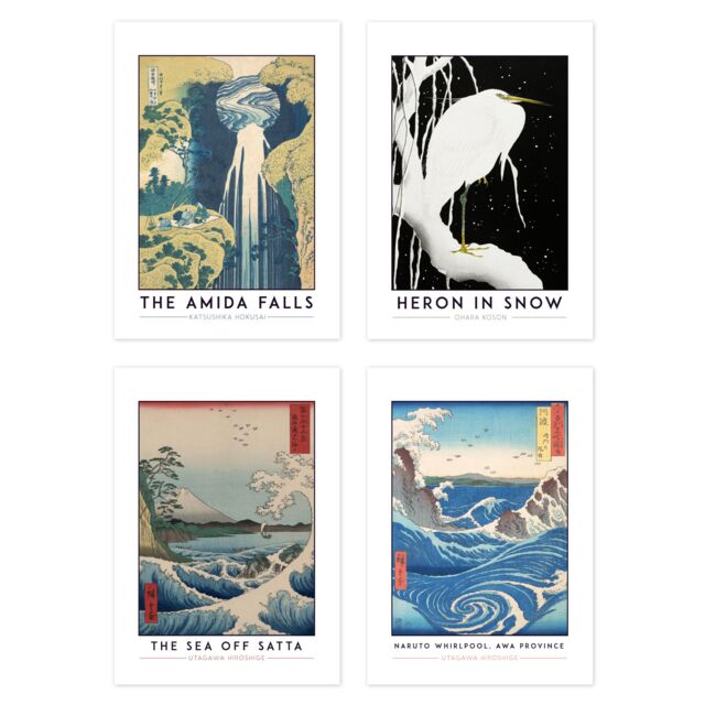 Artery8 Wall Art Print Classic Paintings Hokusai Amida Falls Koson Heron Utagawa Sea Off-Satta Naruto Whirlpool A4 Poster Pack of 4 Wall Art - image 1