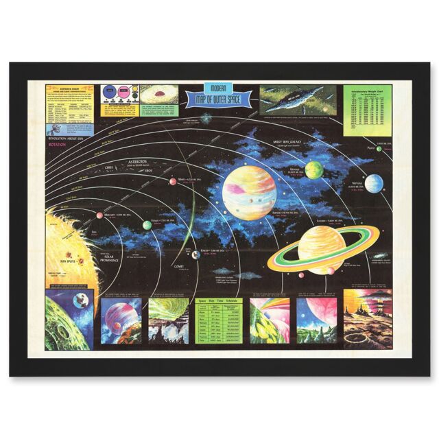 Artery8 Rand McNally 1969 Modern Map Of Outer Space Chart Artwork Framed Wall Art Print A4 in Black - image 1