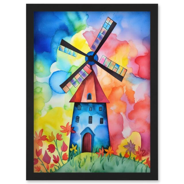 Artery8 Watercolour Windmill Netherlands Folk Art Artwork Framed Wall Art Print A4 in Black - image 1