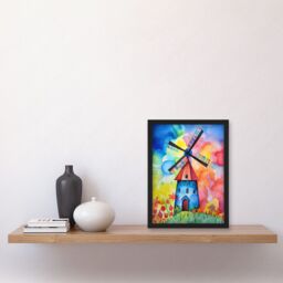 Artery8 Watercolour Windmill Netherlands Folk Art Artwork Framed Wall Art Print A4 in Black - thumbnail 2
