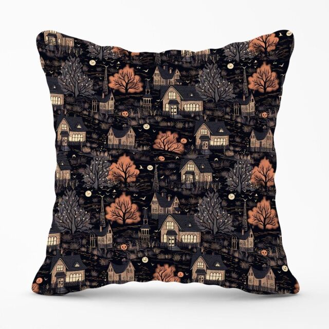Warren Reed - Designer Spooky Haunted Houses Pattern Outdoor Cushion in Brown - Size: 60 cm x 60 cm - image 1