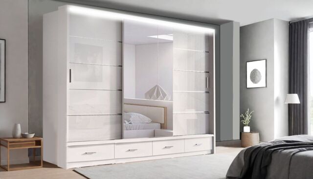 RAC3 High gloss LED Mirror Sliding Wardrobe with Drawers - 256 x 216cm in White - Size: 256 x 216 cm - image 1