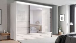 RAC3 High gloss LED Mirror Sliding Wardrobe with Drawers - 256 x 216cm in White - Size: 256 x 216 cm - thumbnail 1
