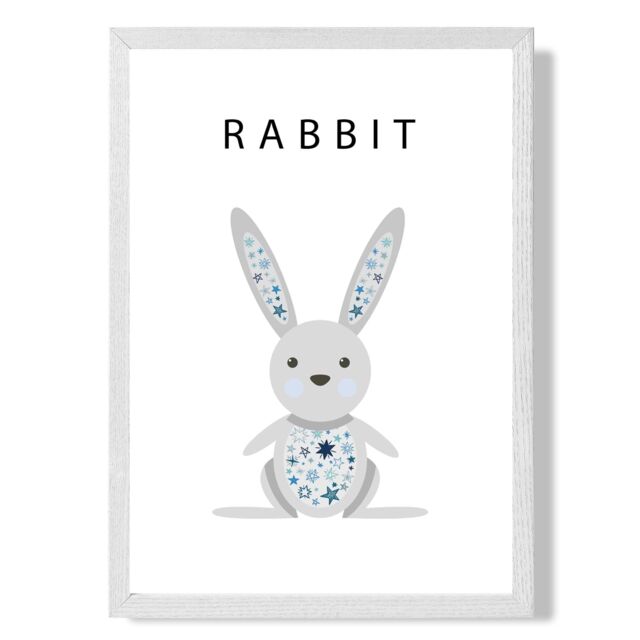 ARTZE Cute Rabbit with Blue Stars Framed Print SIZE: A2 with White Frame in Pale Blue - Size: A4 - image 1