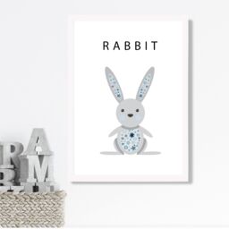 ARTZE Cute Rabbit with Blue Stars Framed Print SIZE: A2 with White Frame in Pale Blue - Size: A4 - thumbnail 2