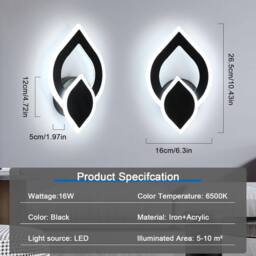 Goeco LED Wall Light 16W Modern Flower-Shaped Wall Light 6500K for Bedroom in Black - thumbnail 3
