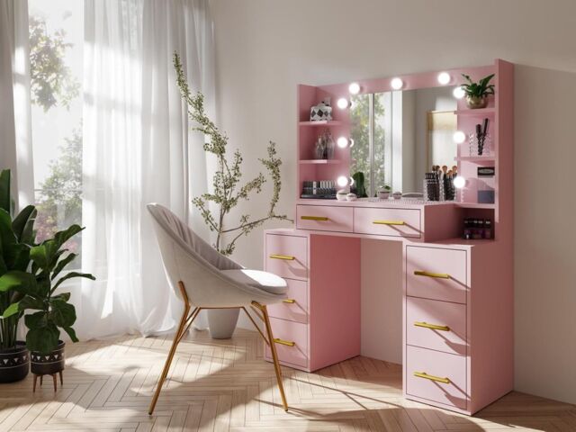RAC3 Luxury Vanity Makeup Table, LED Lights Large Storage Drawers & Mirror in Pink - image 1