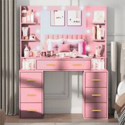 RAC3 Luxury Vanity Makeup Table, LED Lights Large Storage Drawers & Mirror in Pink - thumbnail 2