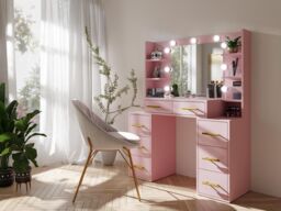 RAC3 Luxury Vanity Makeup Table, LED Lights Large Storage Drawers & Mirror in Pink - thumbnail 1