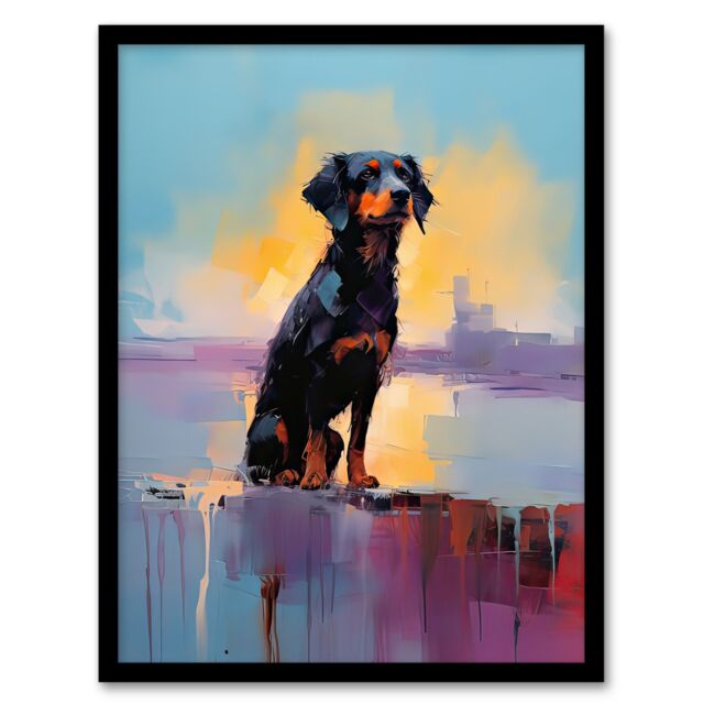 Artery8 Wall Art Print Rottweiler Puppy Beach Sunrise Dog Portrait Framed Picture in Blue - Size: A4 - image 1