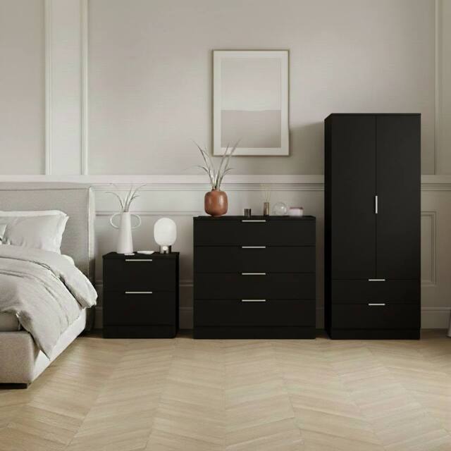 Home Discount Vida Designs Trega 3Pc Bedroom Set(2Dr Bedside, 4Dr Chest & Wardrobe) in Black - image 1