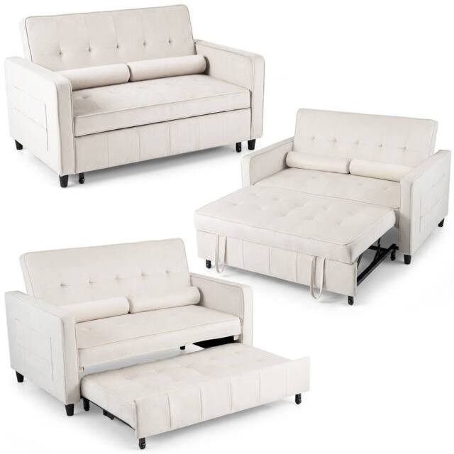 Costway 3-in-1 Convertible Sleeper Sofa Bed Pull Out Velvet Couch Bed-Beige in Beige - image 1