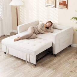 Costway 3-in-1 Convertible Sleeper Sofa Bed Pull Out Velvet Couch Bed-Beige in Beige - thumbnail 2