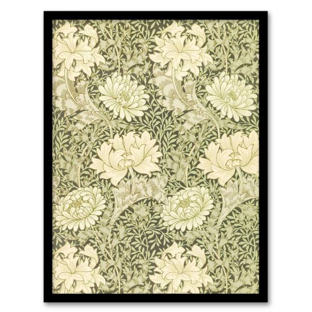 Artery8 Chrysanthemum Flower Pattern Vintage Framed Wall Art Print W. Morris in Green - Size: A4 - image 1