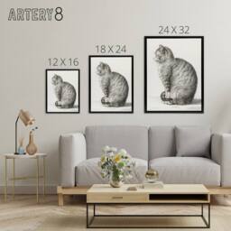 "Artery8 Sitting Smiling Cat Pencil Drawing Bernard Black Framed Canvas Art in White - Size: W12"" x H16""" - thumbnail 4