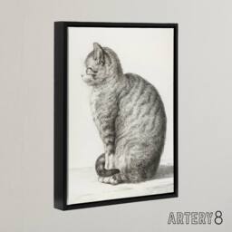 "Artery8 Sitting Smiling Cat Pencil Drawing Bernard Black Framed Canvas Art in White - Size: W12"" x H16""" - thumbnail 2