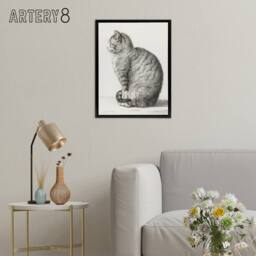 "Artery8 Sitting Smiling Cat Pencil Drawing Bernard Black Framed Canvas Art in White - Size: W12"" x H16""" - thumbnail 3