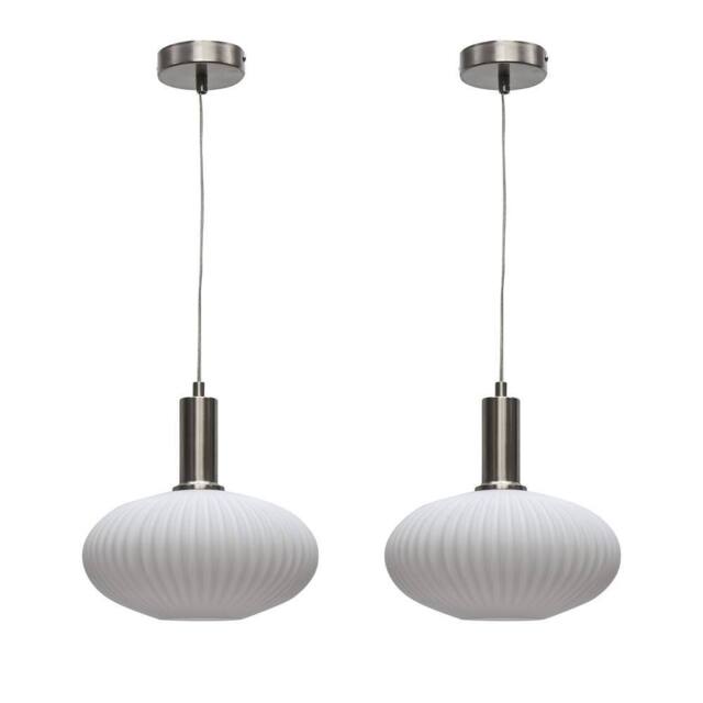 First Choice Lighting Set of 2 Baton - White Ribbed Oval Glass Satin Nickel Deco Pendants - image 1