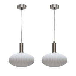 First Choice Lighting Set of 2 Baton - White Ribbed Oval Glass Satin Nickel Deco Pendants