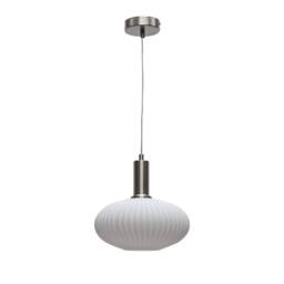First Choice Lighting Set of 2 Baton - White Ribbed Oval Glass Satin Nickel Deco Pendants - thumbnail 2