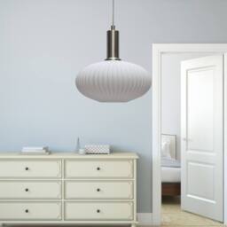 First Choice Lighting Set of 2 Baton - White Ribbed Oval Glass Satin Nickel Deco Pendants - thumbnail 5